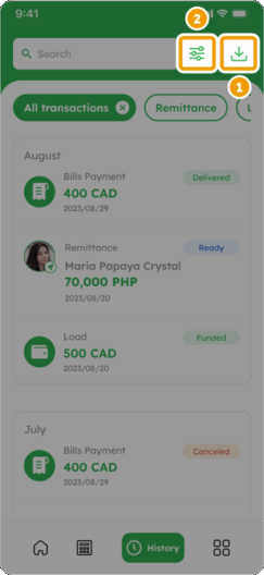 Smiles Mobile Remittance - Download a Remittance Certificate - Step 2 - Filter or download