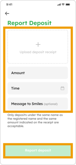 2. Upload deposit receipt, input details and tap 