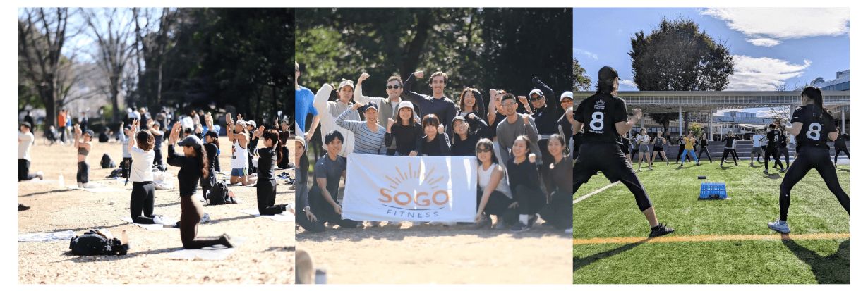 Sogo Fitness members engaged in various fitness exercises during a group class.