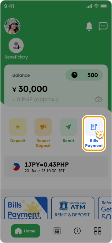 How to Pay a Bill with Smiles Mobile Remittance - Step 1 - Tap "Bills Payment"
