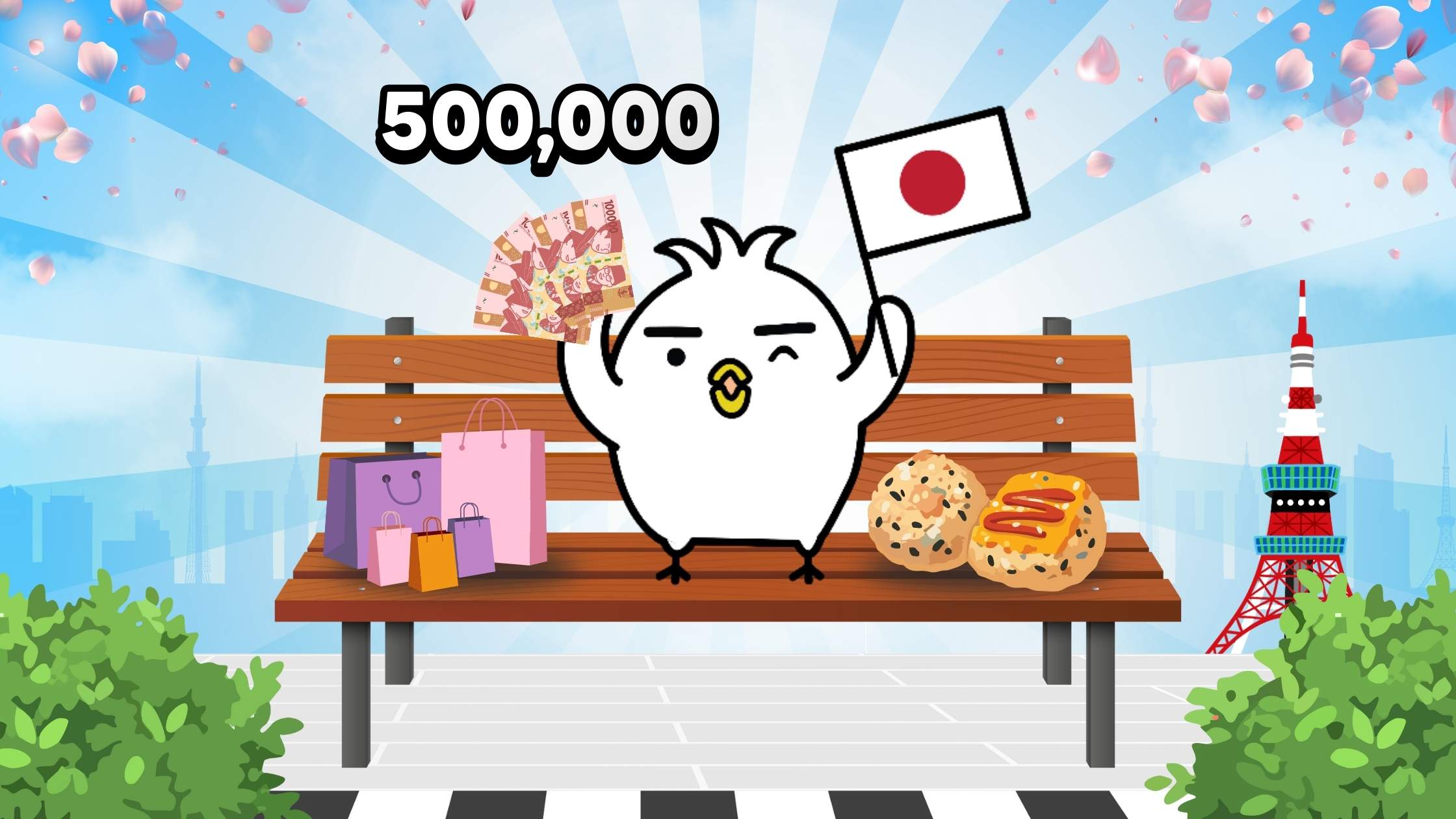 Bird Tori in the bench in front of Tokyo Tower holding a Japan Flag and surrounded by Japanese food and shopping bags