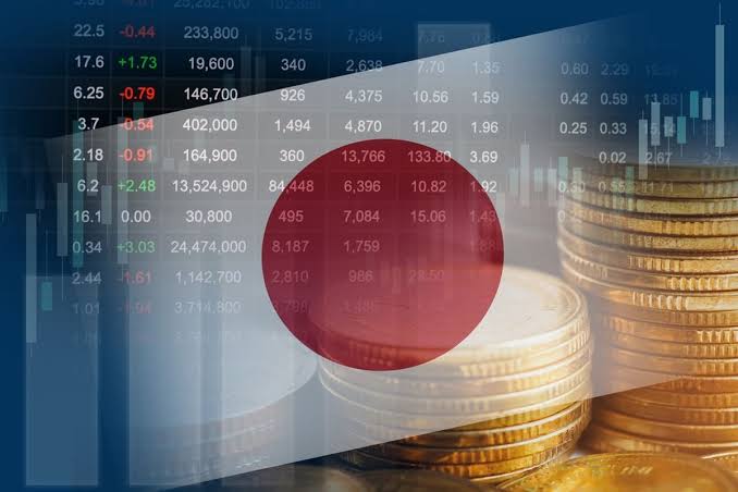 Bendera Jepang dengan latar belakang List Saham Jepang