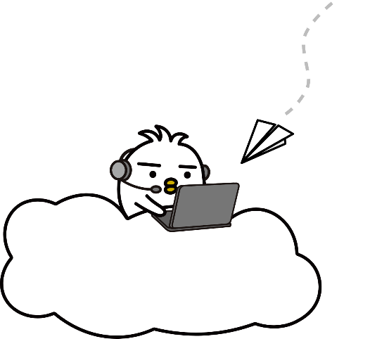 Tori sitting on the cloud wearing his headphones on a laptop, signifying online computing