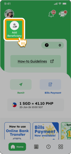 How to Add a Beneficiary - Step 1 - Tap 