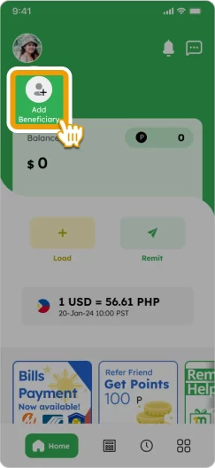 How to Add Beneficiary Smiles Mobile Remittance - Step 1 - Tap 