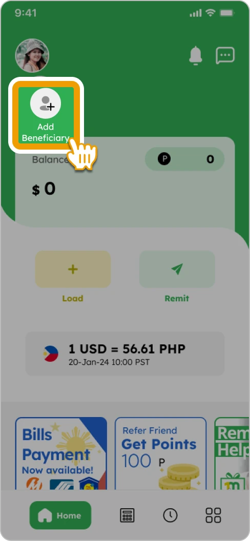 How to Add Beneficiary Smiles Mobile Remittance - Step 1 - Tap "Add Beneficiary"