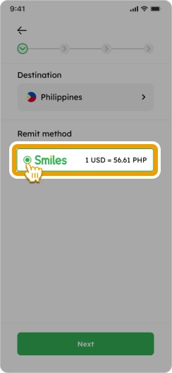 How to Add Beneficiary Smiles Mobile Remittance - Step 3 - Select "Smiles" as a delivery method