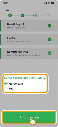 How to Add a Beneficiary Smiles Mobile Remittance - Step 5 - Select one of the PEP declarations and tap 