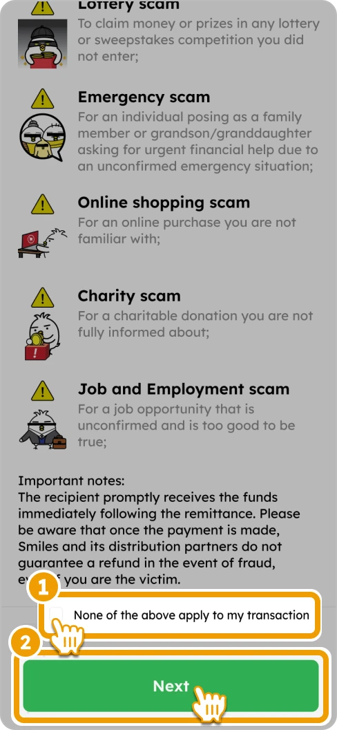 How to Add Beneficiary Smiles Mobile Remittance - Step 7 - Review the fraud reminders, check the box, and tap "Next" to proceed