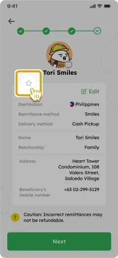How to Add Beneficiary Smiles Mobile Remittance - Step 3 - Tap on the star icon to favorite your beneficiary