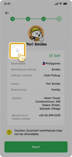 How to Add Beneficiary Smiles Mobile Remittance - Step 3 - Tap on the star icon to favorite your beneficiary
