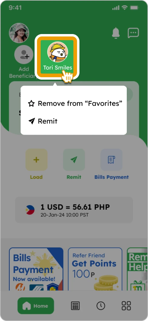 How to Add a Beneficiary Smiles Mobile Remittance - Step 9 - Tap and hold your beneficiary icon