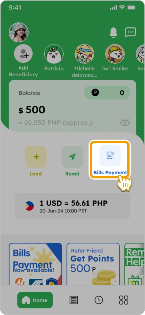 How to Pay a Bill Smiles Mobile Remittance - Step 1 - Tap on "Bills Payment"