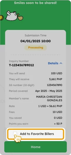 How to Pay a Bill Smiles Mobile Remittance - Step 7 - Payment completed! Optionally, you can add “Biller” to favorites list
