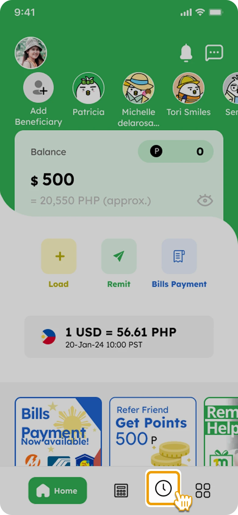 How to Download a Remittance Certificate Smiles Mobile Remittance - Step 1 - Tap on "History" icon