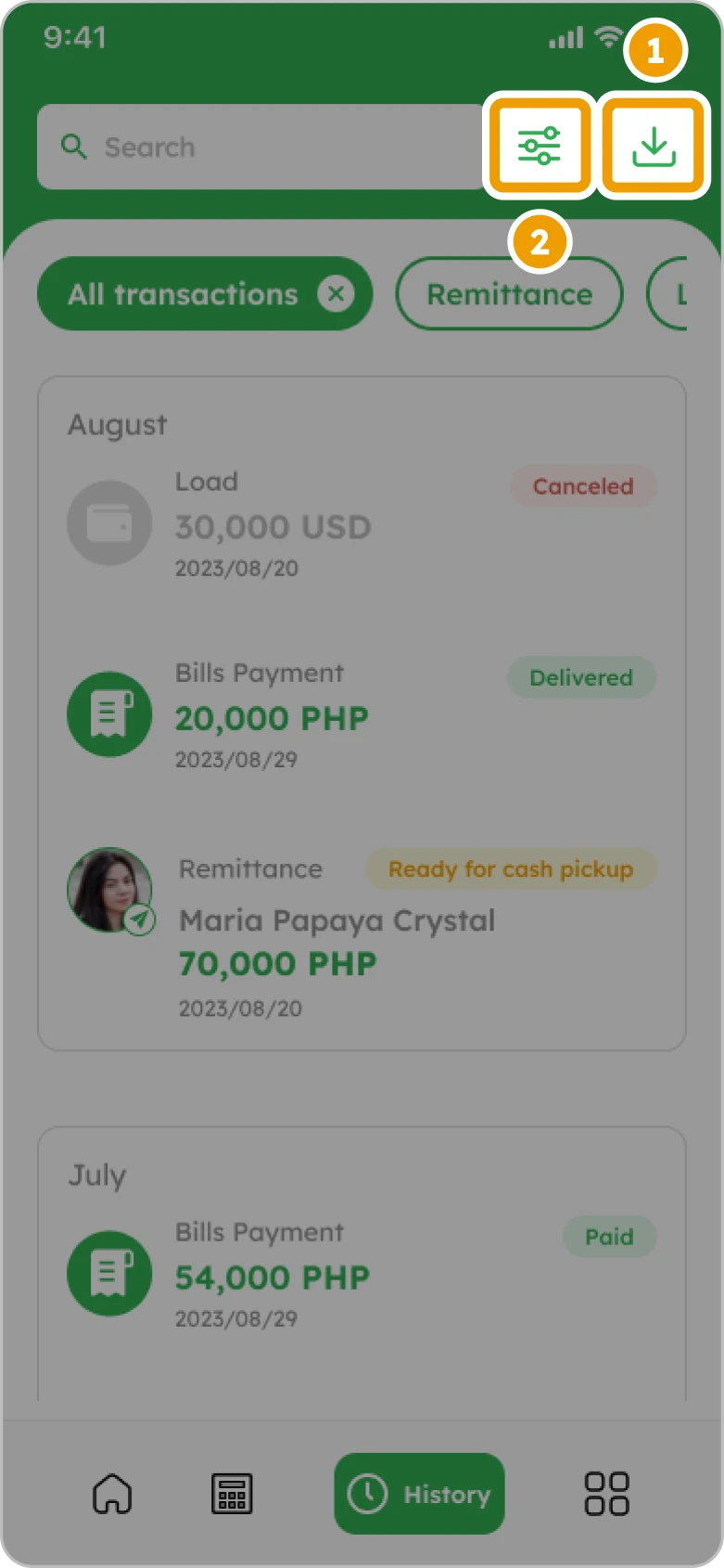 How to Download a Remittance Certificate Smiles Mobile Remittance - Step 2 - Tap on the download icon to download all transactions or the sort icon to filter
