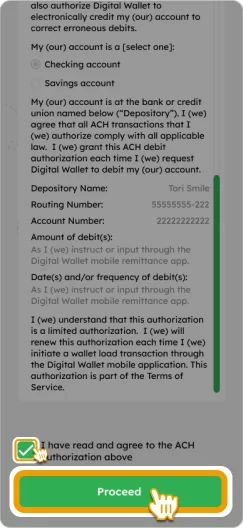 How to Load Smiles Mobile Remittance - Step 11 - Confirm details, check the box and tap “Proceed”