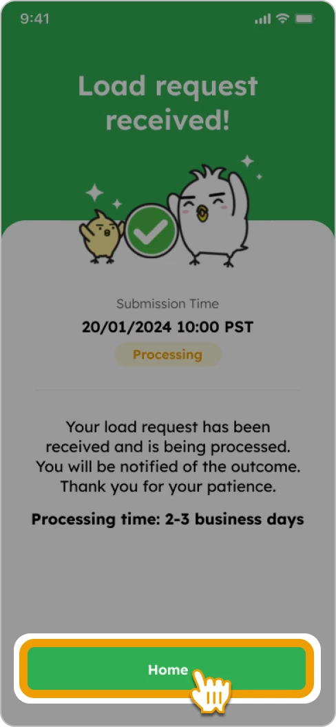 How to Load Smiles Mobile Remittance - Step 12 - Load request received! Tap "Home"
