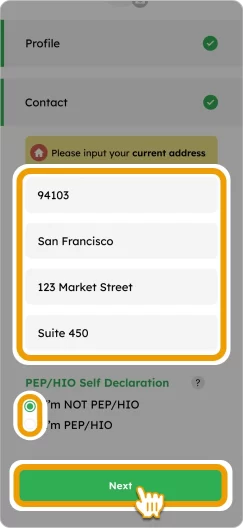 How to Load Smiles Mobile Remittance - Step 6 - Enter your address, select one of the PEP options, and tap “Next” to proceed