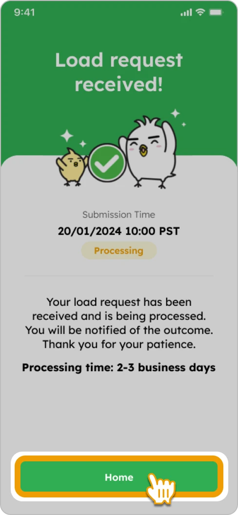 How to Load Smiles Mobile Remittance - Step 6 - Load request submitted! Tap "Home"