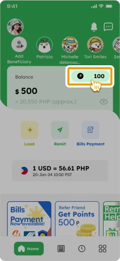 How to Use Points Smiles Mobile Remittance - Step 1 - Tap on the points section on home