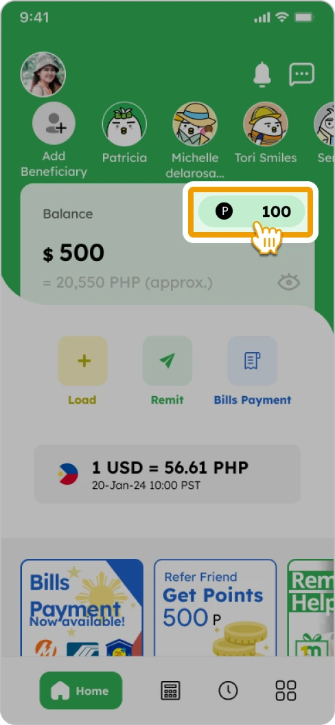 How to Use Points Smiles Mobile Remittance - Step 1 - Tap on the points section on home