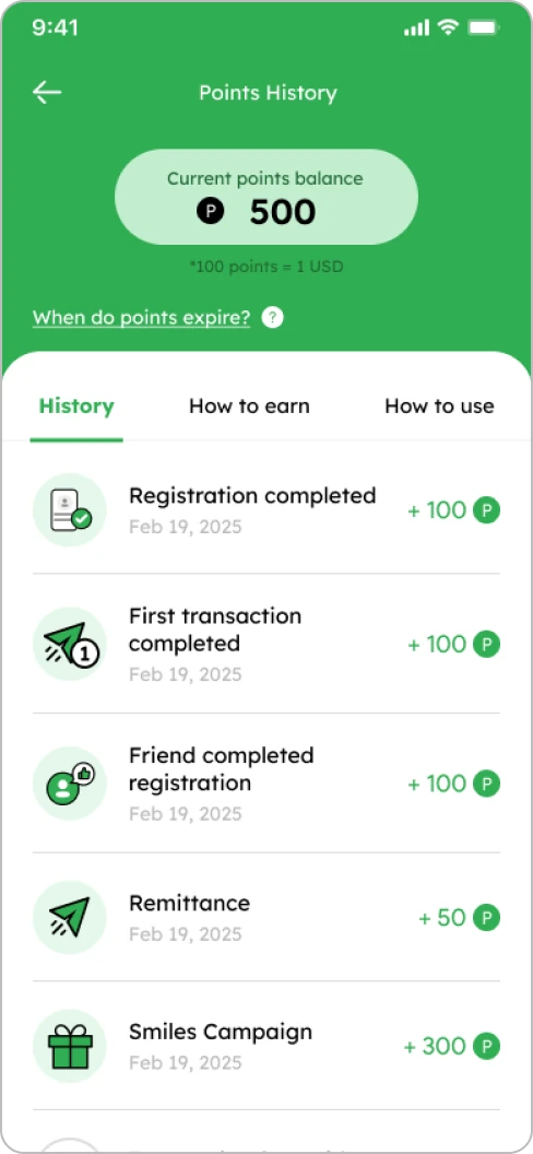 How to Use Points Smiles Mobile Remittance - Step 2 - You can view the points usage history here