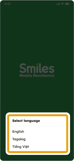 How to Register Smiles Mobile Remittance - Step 1 - Select your preferred language