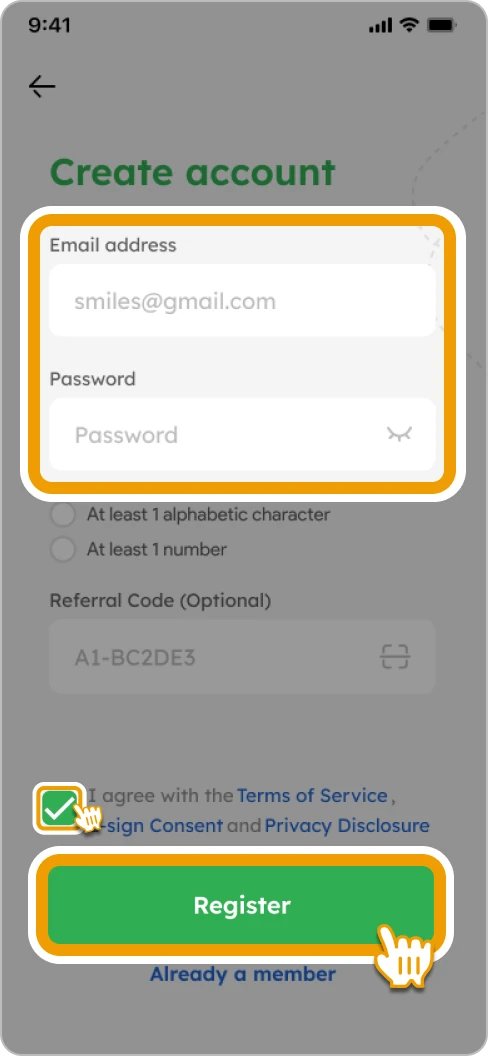 Step 6 - Enter your active email address, create a password, and add a referral code if you have one. Then tap “Register” to continue