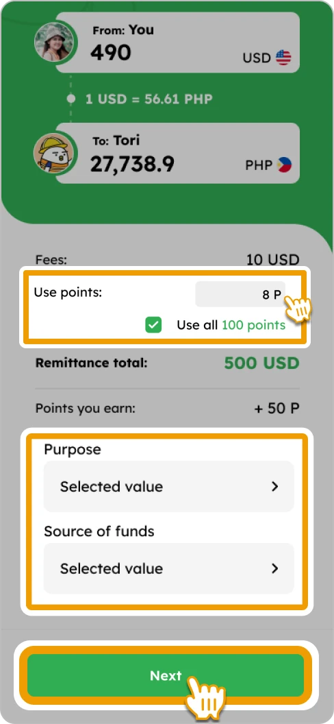 How to Remit Smiles Mobile Remittance - Step 4 - Input points (if you have any), select your “Purpose”, “Source of funds” and tap “Next”