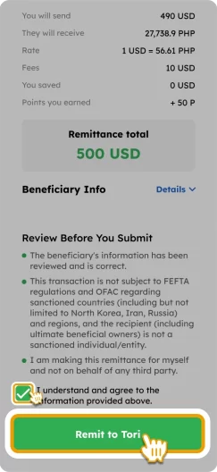 How to Remit Smiles Mobile Remittance - Step 5 - Review the remittance details, check the box and tap 