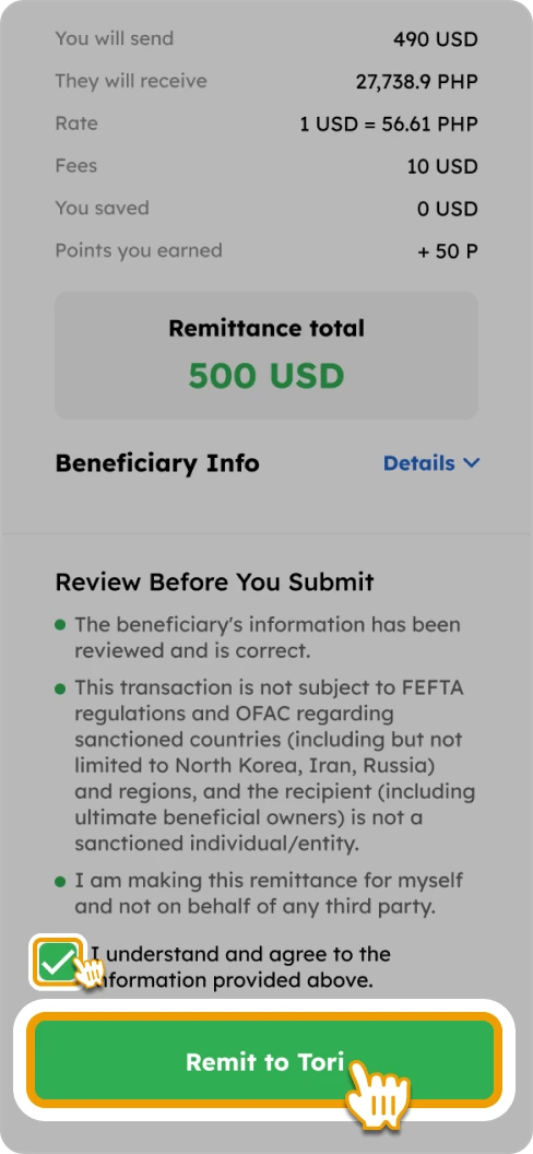 How to Remit Smiles Mobile Remittance - Step 5 - Review the remittance details, check the box and tap "Remit to [beneficiary's name]"