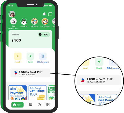 illustration showing smiles app interface showing current USD exchange rate