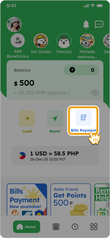 Tap "Bills Payment" on the home screen