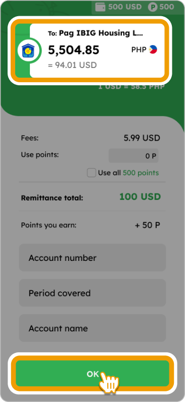 3. Enter the amount and necessary details. You can utilize points for fee payment (if available). Tap “OK” to proceed