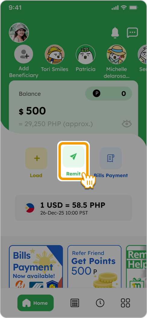 Tap "Remit" on the home screen