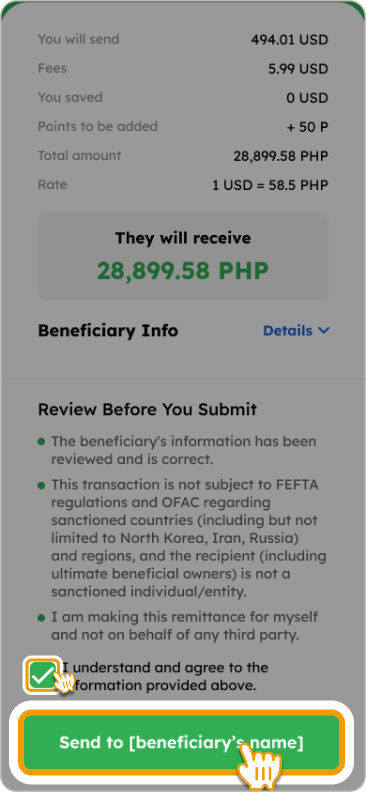 How to Remit with Smiles - Check the box and tap "Send to [beneficiary's name]"