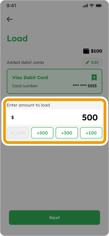Enter or select the desired amount to load