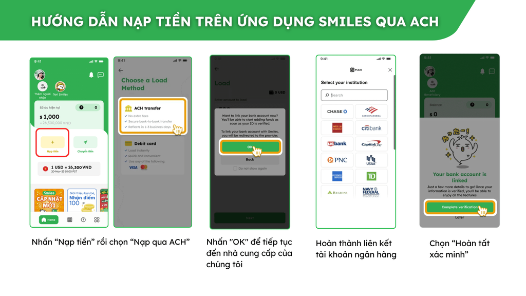 HƯỚNG DẪN NẠP TIỀN TRÊN ỨNG DỤNG SMILES QUA ACH